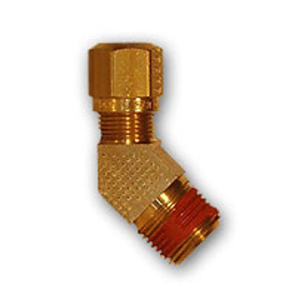 Mid-America Fittings NT6945-86VS 45 deg Elbow with RTS, 1/2 in Tube OD x 3/8 in Male NPTF, Brass