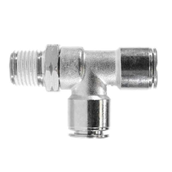 Midland Metal 20162NIC Swivel Run Tee with Nickel Collet, 1/4 in Push to Connect x 1/8 in Push to Connect x 1/4 in