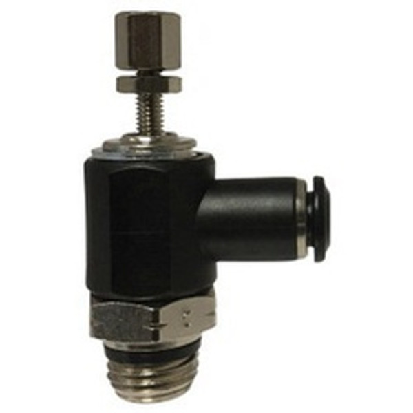 Midland Metal 20785C410S Meter Out Right Angle Flow Control Valve, 1/4 in x #10-32 Nominal, 0 to 150 psi Pressure