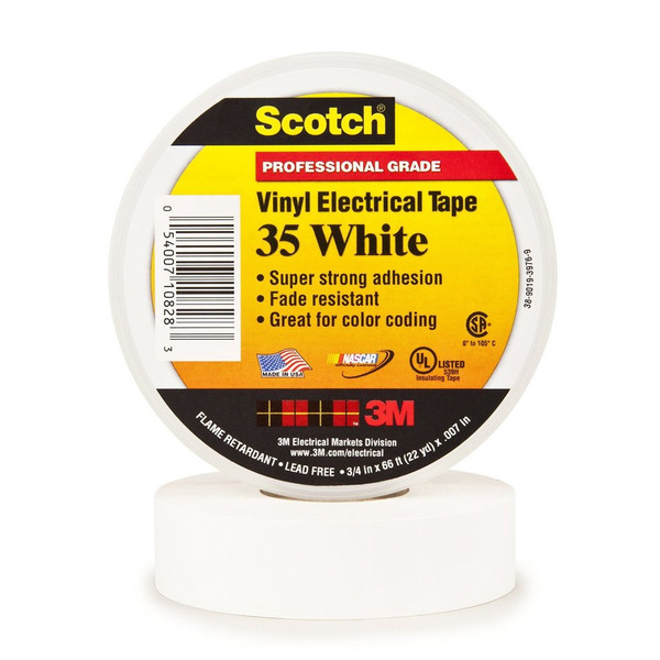 SCOTCH Electrical Tape,7 mil,3/4" x 66 ft.,Wht 10828