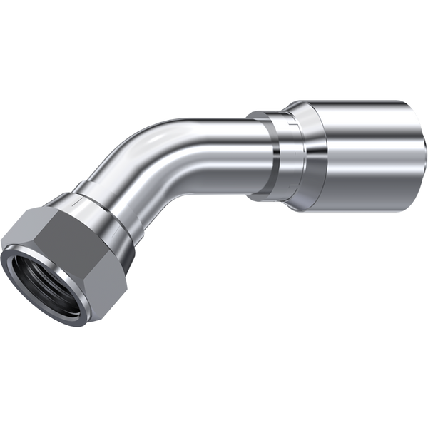 SS 43: 3/8" Hose x 1/2" 37° JIC (3/4"-16 thread)Female Swivel 45°