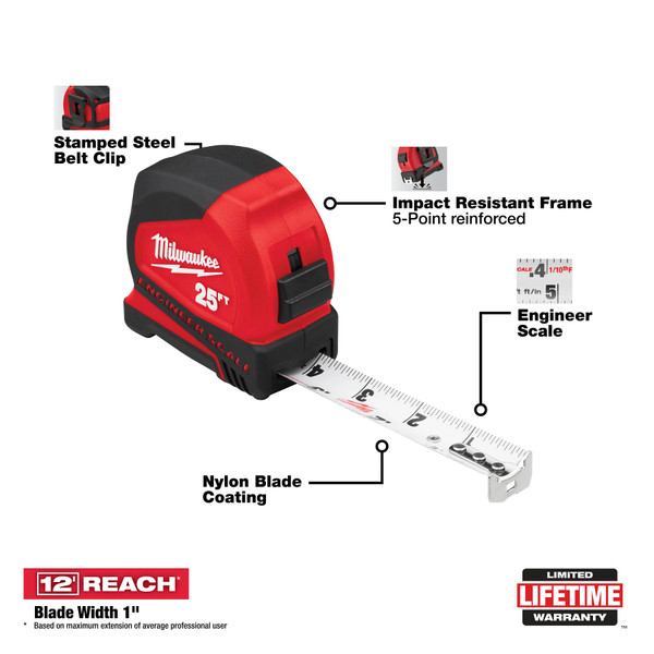 Milwaukee 48-22-6625E 25ft Compact Tape Measure with Engineer Scale