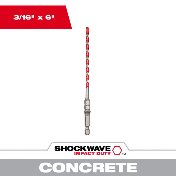Milwaukee 48-20-9096 3/16" x 6" SHOCKWAVE Carbide Hammer Drill Bit for Concrete Screws