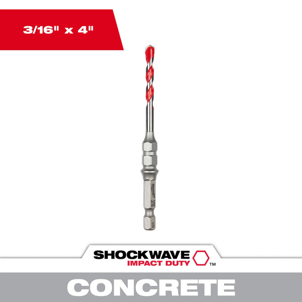 Milwaukee 48-20-9094 3/16" x 4" SHOCKWAVE Carbide Hammer Drill Bit for Concrete Screws