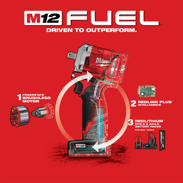 Milwaukee 2555P-22 M12 FUEL 1/2 Stubby Impact Wrench w/ Pin Detent Kit