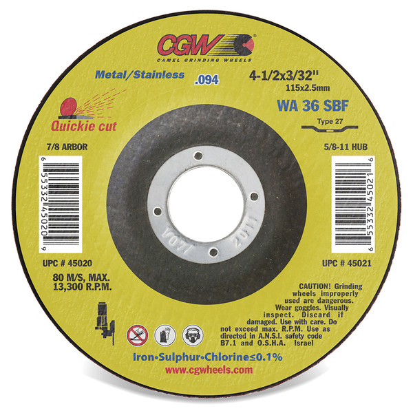 CGW ABRASIVES 41/2X3/32X5/8-11 T27 WA36SBF 45021