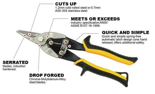 Straight Cut Proferred Aviation Snips, Tpr Grip, Qty 1