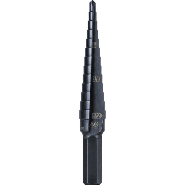 Klein Tools KTSB01 13-Step Drill Bit, 3/8-Inch Hex, Double Straight Flute, 1/8-Inch to 1/2-Inch