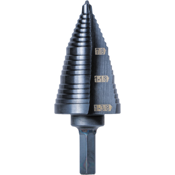 Klein Tools KTSB15 3-Step Drill Bit, 3/8-Inch Hex, Double Straight Flute, 7/8-Inch to 1-3/8-Inch