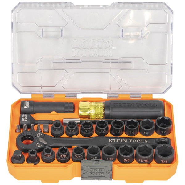 Klein Tools 65400KNECT KNECT Essential Pass Through Impact Socket Set, SAE, Metric, 28-Piece