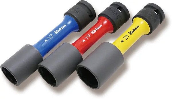 Ko-ken 14201M 1/2 Sq. Dr. Wheel Nut Socket 3 piece Set, 17-21mm, 6 point Thin Wall and Color Coded by Size