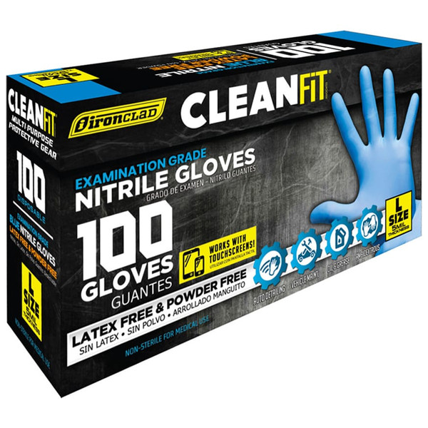 Ironclad Clean-Fit Disposable Nitrile Gloves, Powder-Free, Large L, 5 MIL, Cobalt (Blue), 10 Pack (1,000 pcs)