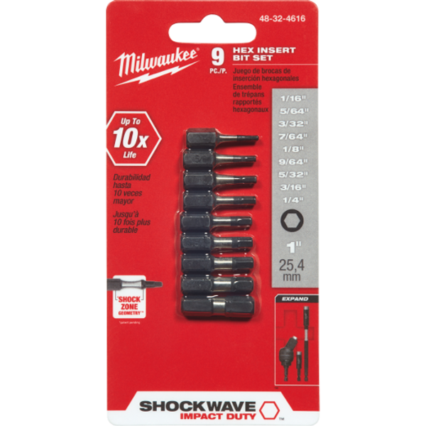 Milwaukee I SHOCKWAVE  9PC HEX 1" INSERT BIT SET