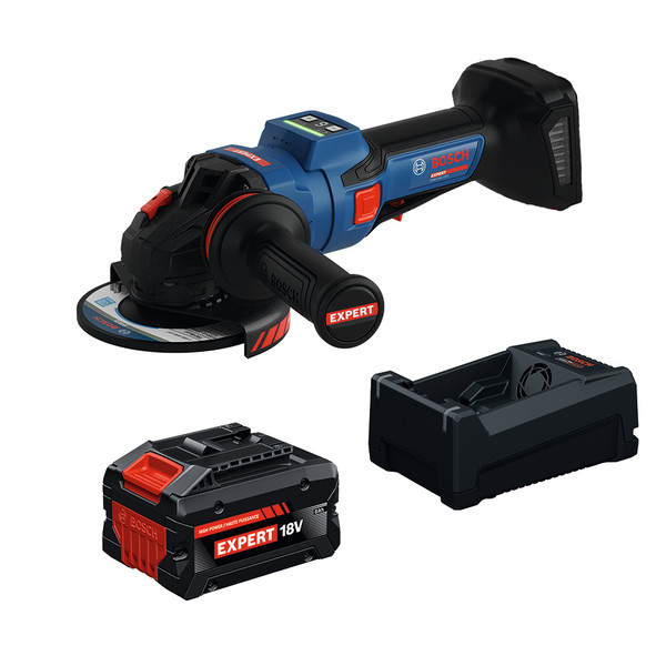 Bosch EXWS18V-15PSB18X EXPERT 18V 5  6 In. Angle Grinder with No Lock-On Paddle Switch Kit 8.0 Ah Battery and Multi-Voltage Charger