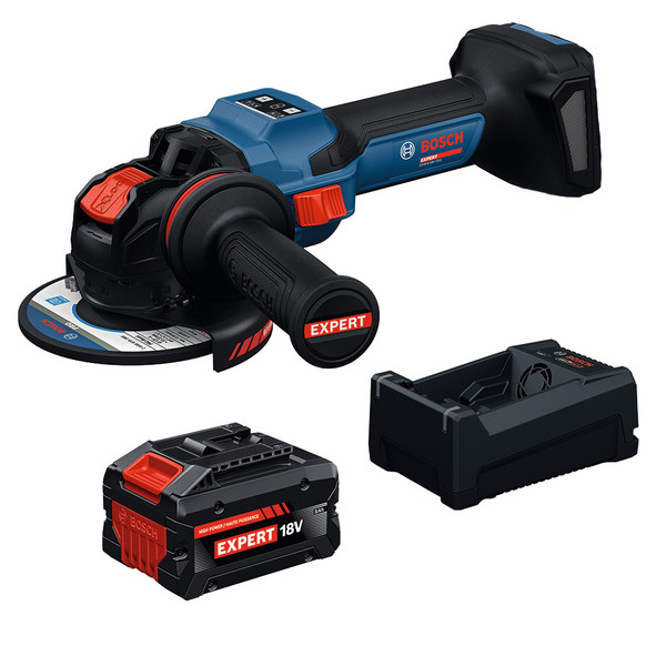 Bosch EXWS18V-15SB18X EXPERT 18V 5 - 6 Inch Angle Grinder with Slide Switch Kit With 8.0 Ah Battery and Multi-Voltage Charger