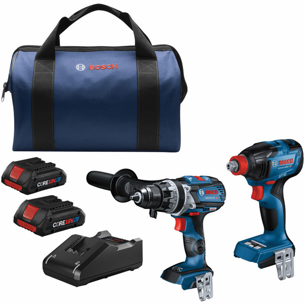 Bosch GXL18V-227B25 18V 2-Tool Combo Kit with Connected-Ready Two-In-One 1/4 In. Bit/Socket Impact Driver/Wrench, 1/2 In. Hammer Drill/Driver and (2) CORE18V 4 Ah Advanced Power Batteries