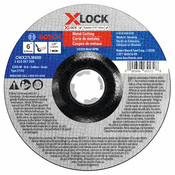 Bosch CWX27LM600 6 In. x 1/8 In. X-LOCK Arbor Type 27A (ISO 42) 30 Grit Metal Cutting and Grinding Abrasive Wheel