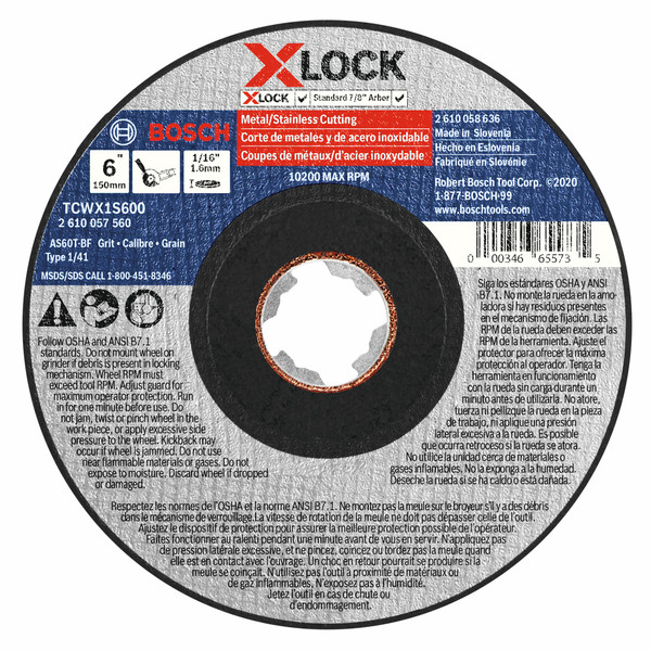 Bosch TCWX1S600 6 In. x 1/16 In. X-LOCK Arbor Type 1A (ISO 41) 60 Grit Fast Metal/Stainless Cutting Abrasive Wheel