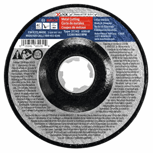 Bosch 2610053357 4-1/2 In. x 1/8 In. X-LOCK Arbor Type 27A (ISO 42) 30 Grit Metal Cutting and Grinding Abrasive Wheel