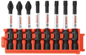 Bosch CCSV208 8 pc. Impact Tough Phillips, Square and Torx 2 In. Power Bits with Clip for Custom Case System