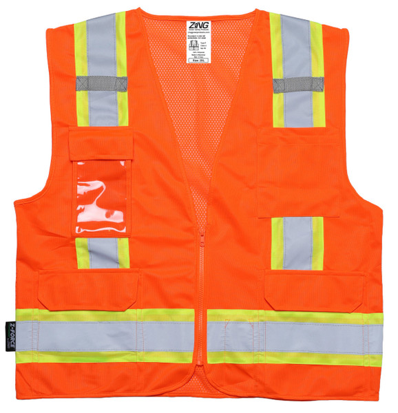Zing V-230 OE 4XL Hi-Vis Class 2 Two-Tone Surveyor Vest, Zipper, With 8 Pockets, Orange, Size 4XL