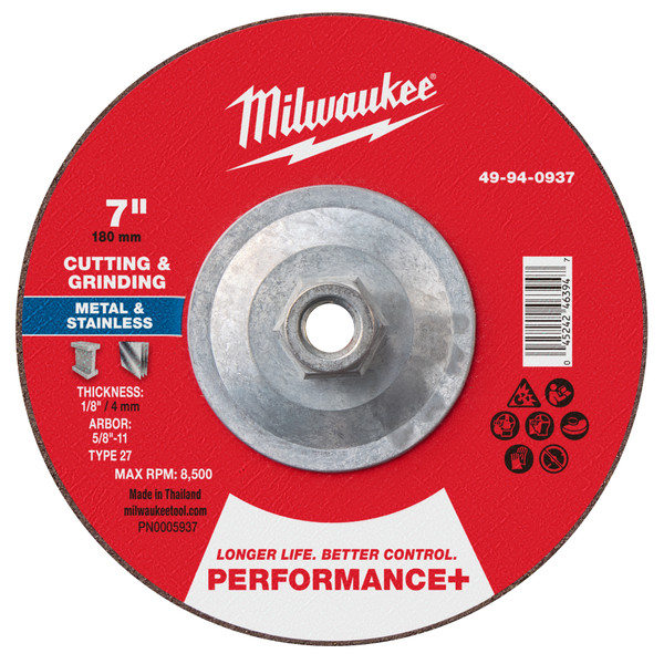 Milwaukee 49-94-0937 7" x 1/8" x 5/8"-11 Performance+ Dual Metal Cut & Grind Wheel - Type 27, 10 Pack