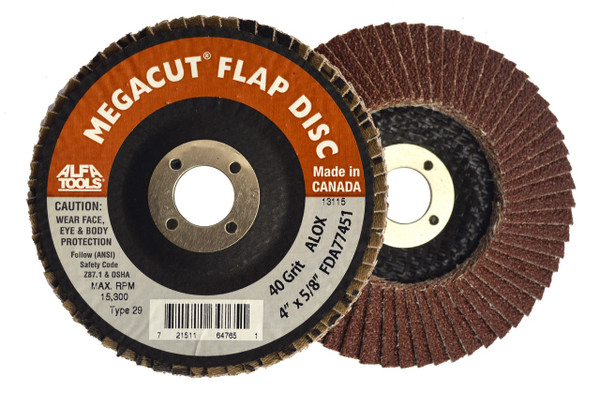 Alfa Tools 4" X 5/8" X 40 GRIT T29 ALUMINUM OXIDE FLAP DISC