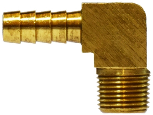 Midland Metal 32042B 90 deg Barstock Elbow, 3/8 in Hose Barbed x 3/8 in Male BSPT, Brass