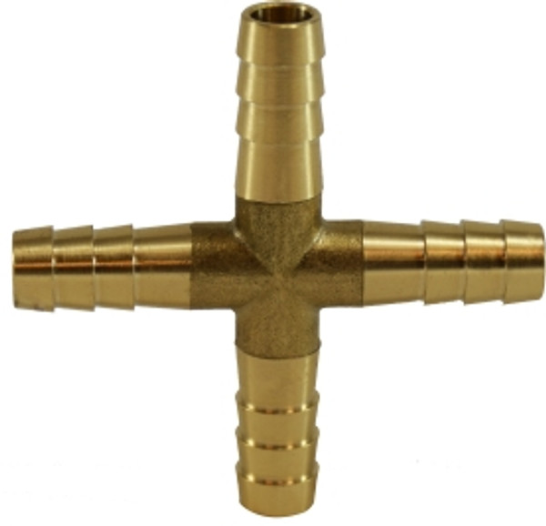 Midland Metal 32608 Cross, 1/4 in Hose Barbed x 1/4 in Hose Barbed x 1/4 in Hose Barbed x 1/4 in Hose Barbed, Brass