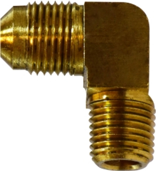 Midland Metal 10286B 90 deg Barstock Elbow, 1/4 in Male Flared x 1/8 in Male NPTF, Brass