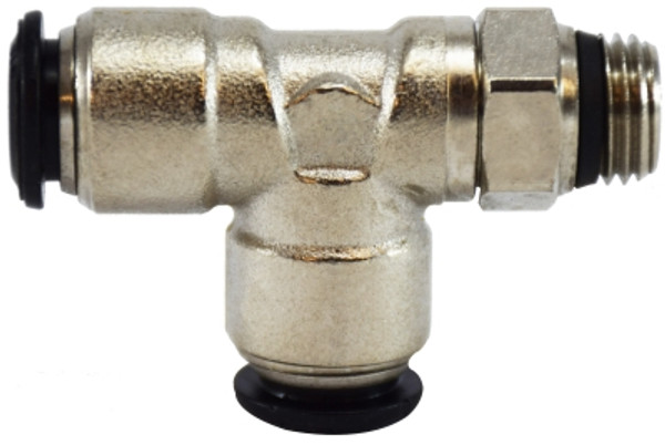 Midland Metal 20678N Swivel Run Tee, 12 mm Push-In x 3/8 in MNPT Global x 12 mm Push-In, Brass, Nickel-Plated
