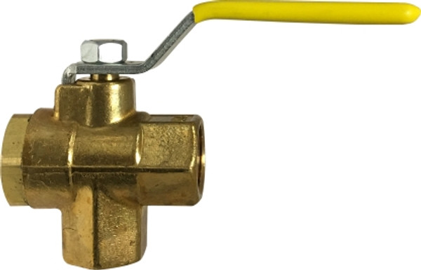 Midland Metal 940123 Bottom Outlet Ball Valve, 1/2 in Nominal, FPT, 3-Way -Port/Way, Forged Brass Body
