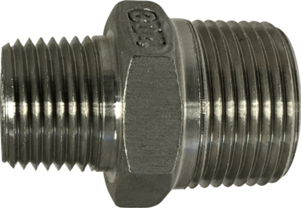 Midland Metal 63740 Reducing Hex Nipple, 1/4 in MPT x 1/8 in MPT, Stainless Steel