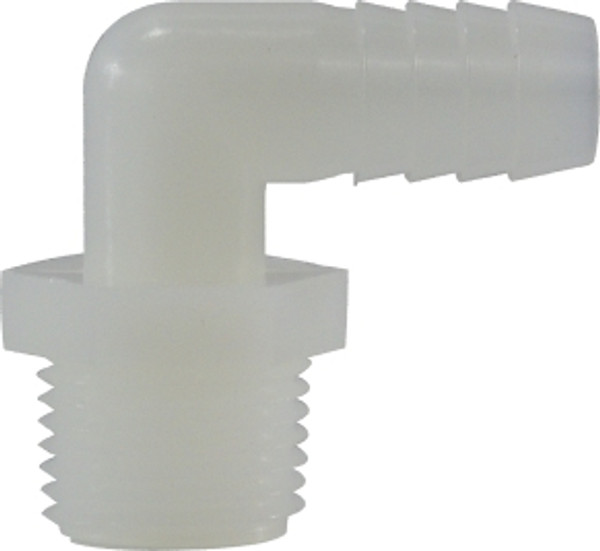 Midland Metal 33042W 90 deg Elbow, 3/8 in Hose Barbed x 3/8 in MIP, Nylon