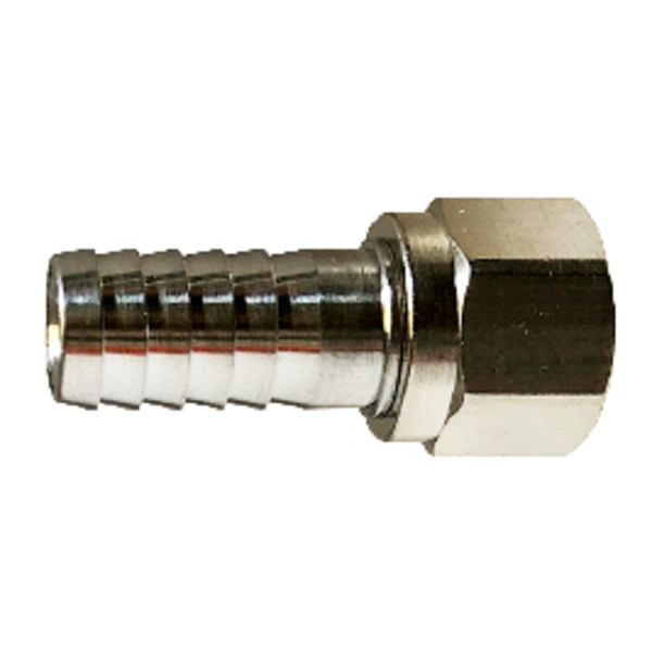 Midland Metal 34510 Connector, 3/8 in Barbed x 1/4 in Female Flared Swivel, Stainless Steel