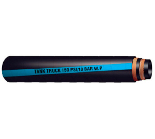 Buchanan Rubber TLB-250 Tank Truck Hose, 100 ft L, 150 psi, Nitrile Rubber Tube, Black with Blue Stripe