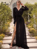 Deep V Neck Long Sleeve Feather Printing Women Maxi Black  High Split Holiday Female Dress