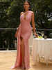 One Shoulder Split Sequin Prom  Draped Detail Cut Out Wedding Party Sleeveless Dress