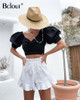Casual V-Neck Puff Sleeve Crop Solid  2 Piece Sets