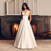 A-line V-Neck Backless Lace Appliques Satin Court Train Bridal Dress