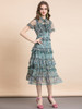 Print Mesh Ruffles Vintage Fashion Midi Dress