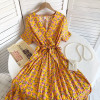 Tie-dyed Floral Puff Sleeve Swing Long Pleated Dress