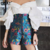 DEAT 2021 new summer shorts women high waist flare styles long zippers metal heard printed fashion
