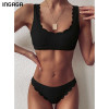 INGAGA Push Up Bikinis 2021 Swimsuits Black Swimwear Women Scalloped Bathing Suit Women Solid Ribbed