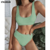 INGAGA 2021 Bikini Set High Waist Swimsuit Female Solid Ribbed Swimwear Women Biquini Bathing Suits