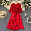 National Style Heavy V-neck Lace Up Holiday Flower Embroidery Dress