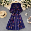 National Style Heavy V-neck Lace Up Holiday Flower Embroidery Dress