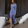 Breasted Long Sleeve Turn-Down Collar Pure Split Dress