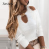 Women Elegant Hollow Out Solid Tops 2021 Spring Sexy Off Shoulder Straps Shaggy Sweater Office Lady