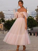 Off the Shoulder Pink Dot Tulle Prom Dress